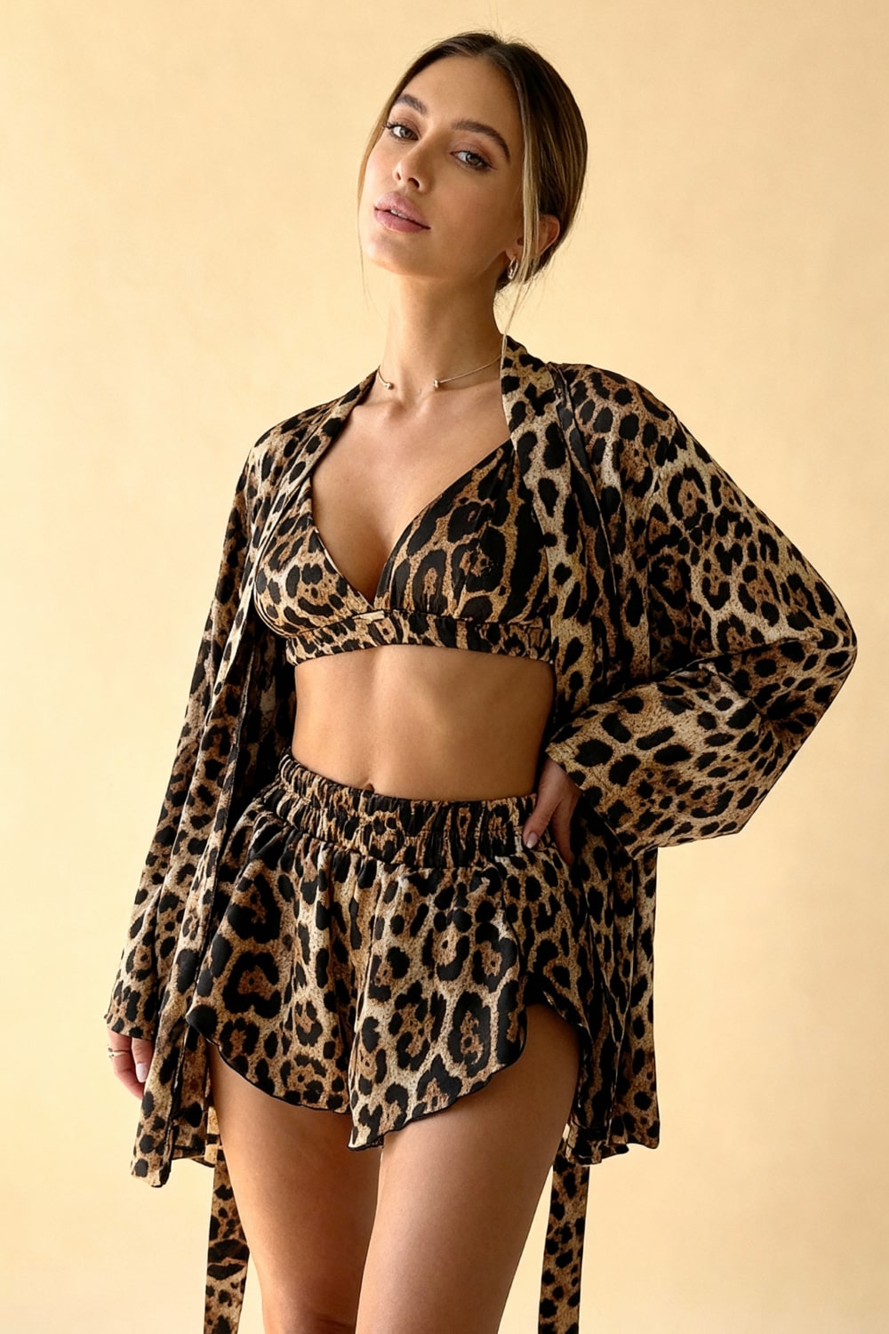 KAT – Leopard Print Satin 3-Piece Kimono Set - Animal