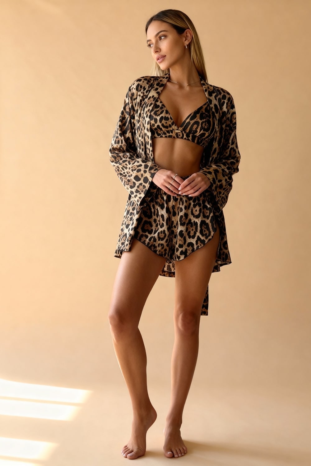 KAT – Leopard Print Satin 3-Piece Kimono Set - Animal