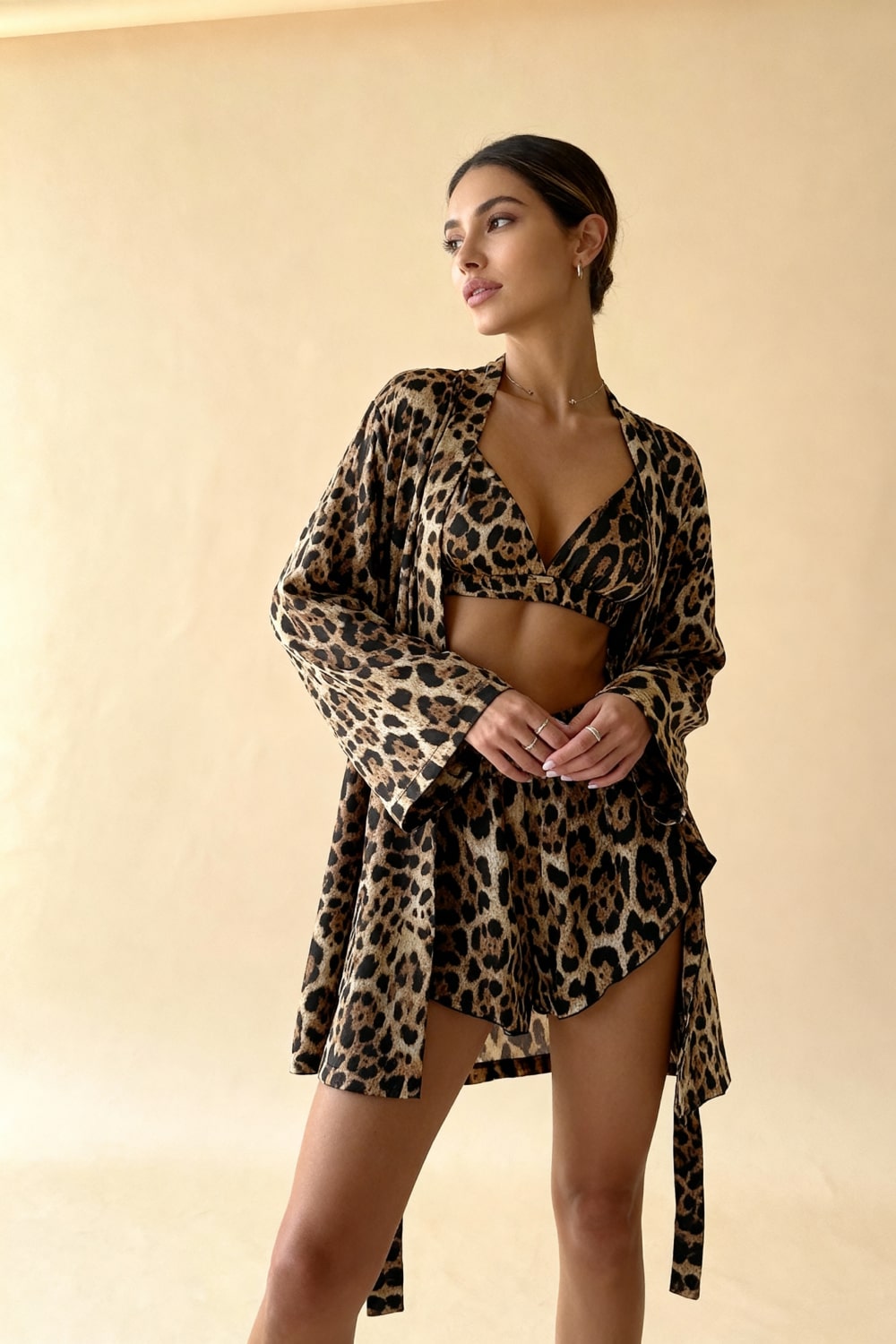 KAT – Leopard Print Satin 3-Piece Kimono Set - Animal