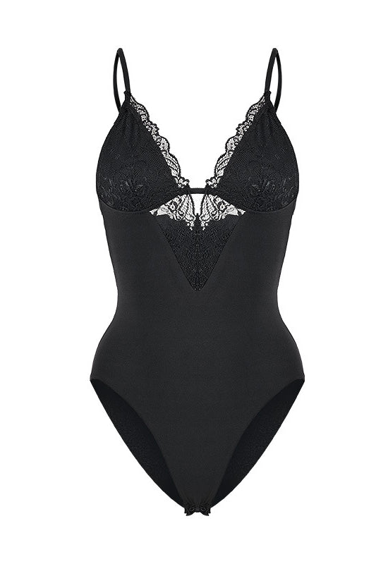 CAMILA – Floral Lace & Soft Modal Chemise - Noir