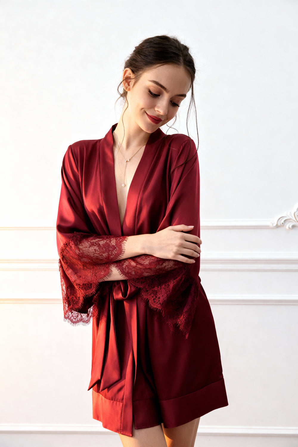 MILA – Silk Satin & Lace Sleeve Red Robe