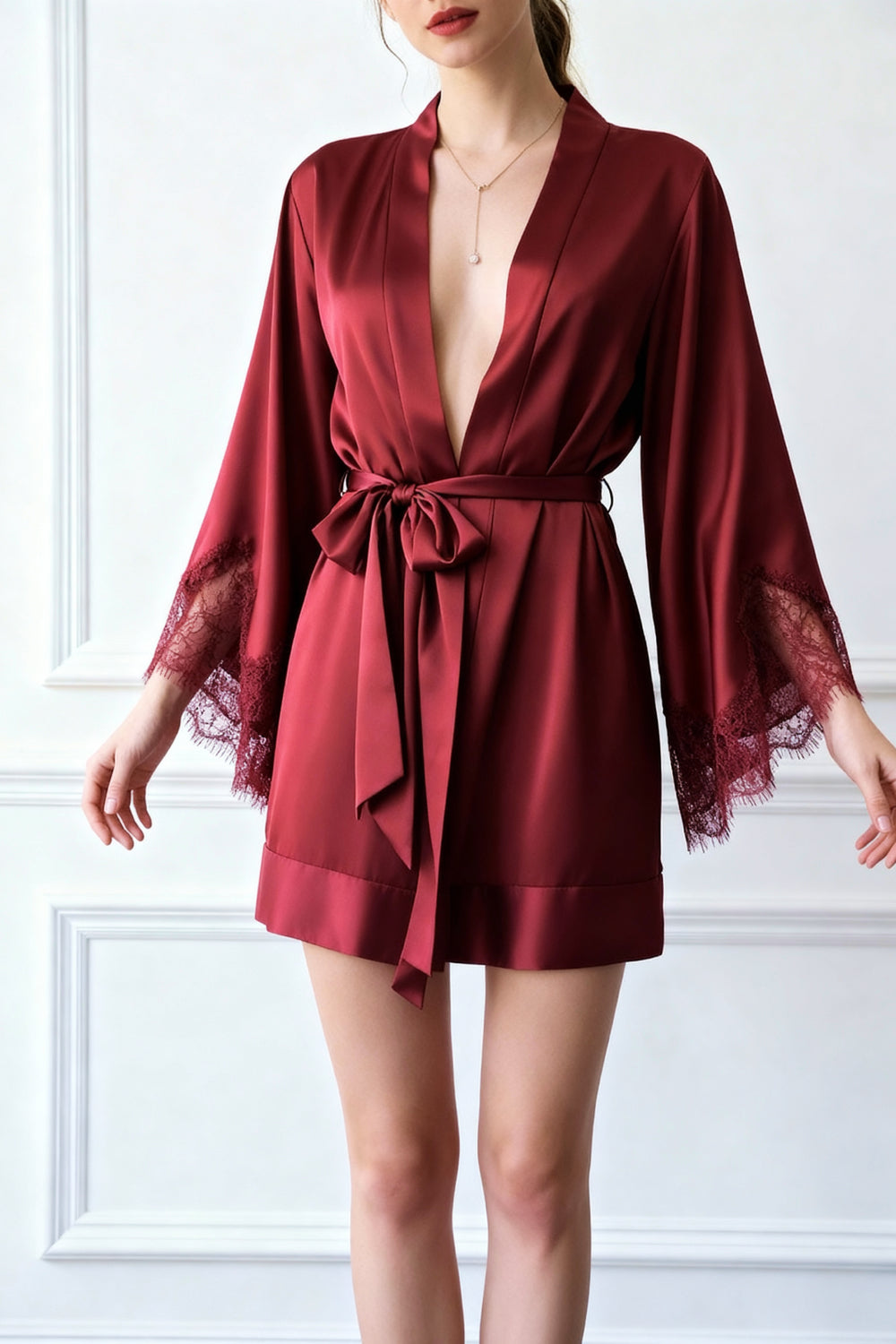 MILA – Silk Satin & Lace Sleeve Red Robe
