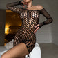 NYLA – Wide-Grid Off-Shoulder Fishnet Mini Dress - Noir