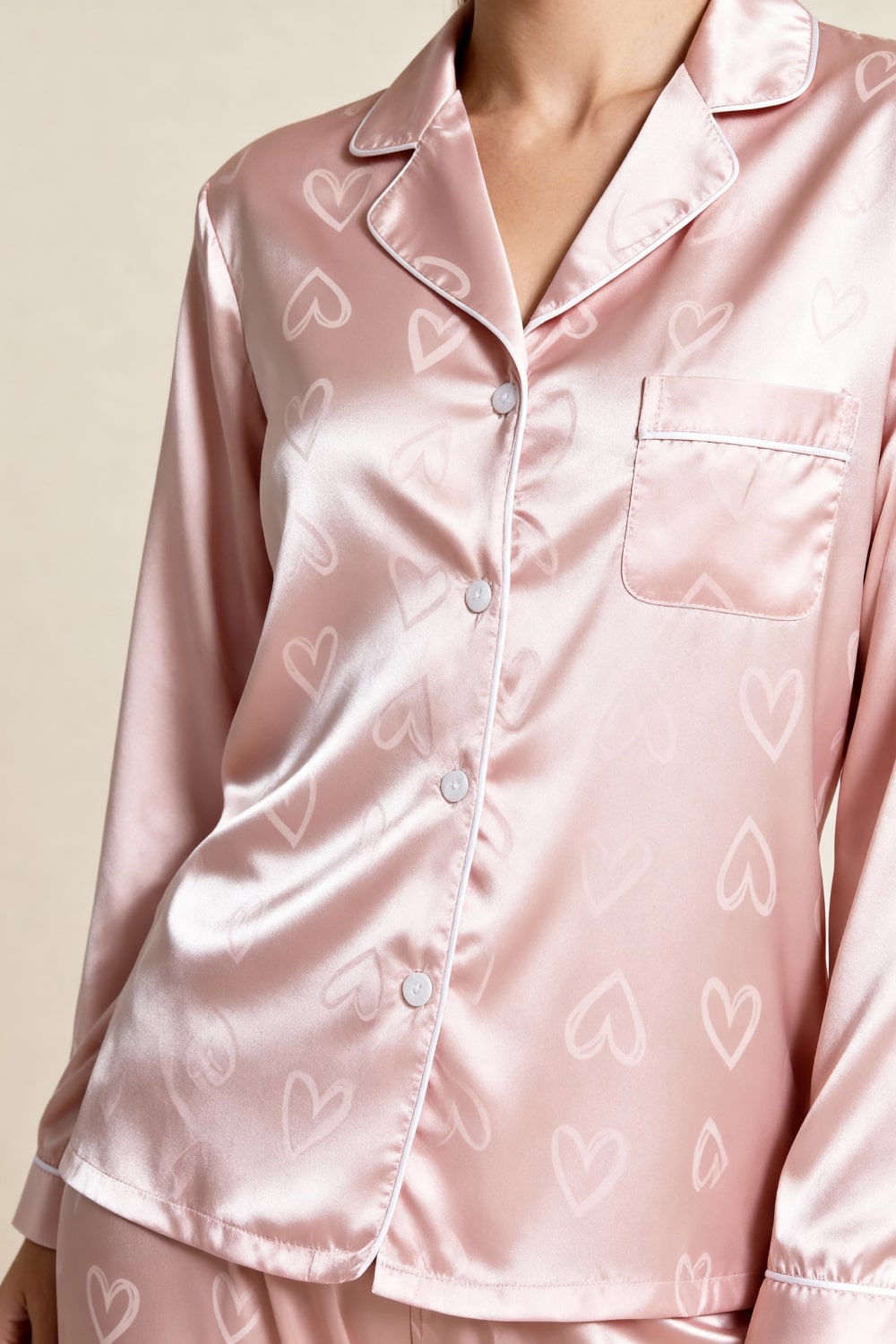 ROMY – Kalp Desenli Jakarlı Saten Pijama Takımı - Pudra Pembesi