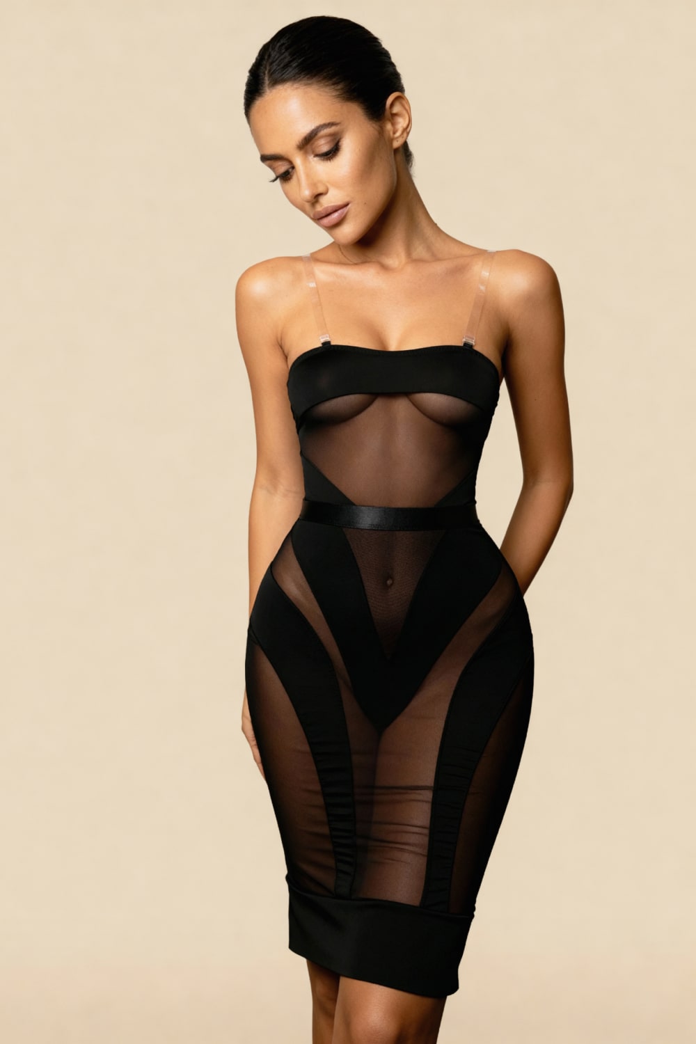 SASKIA – İllüzyon Bandajlı Tulum ve Midi Etek Takımı - Siyah