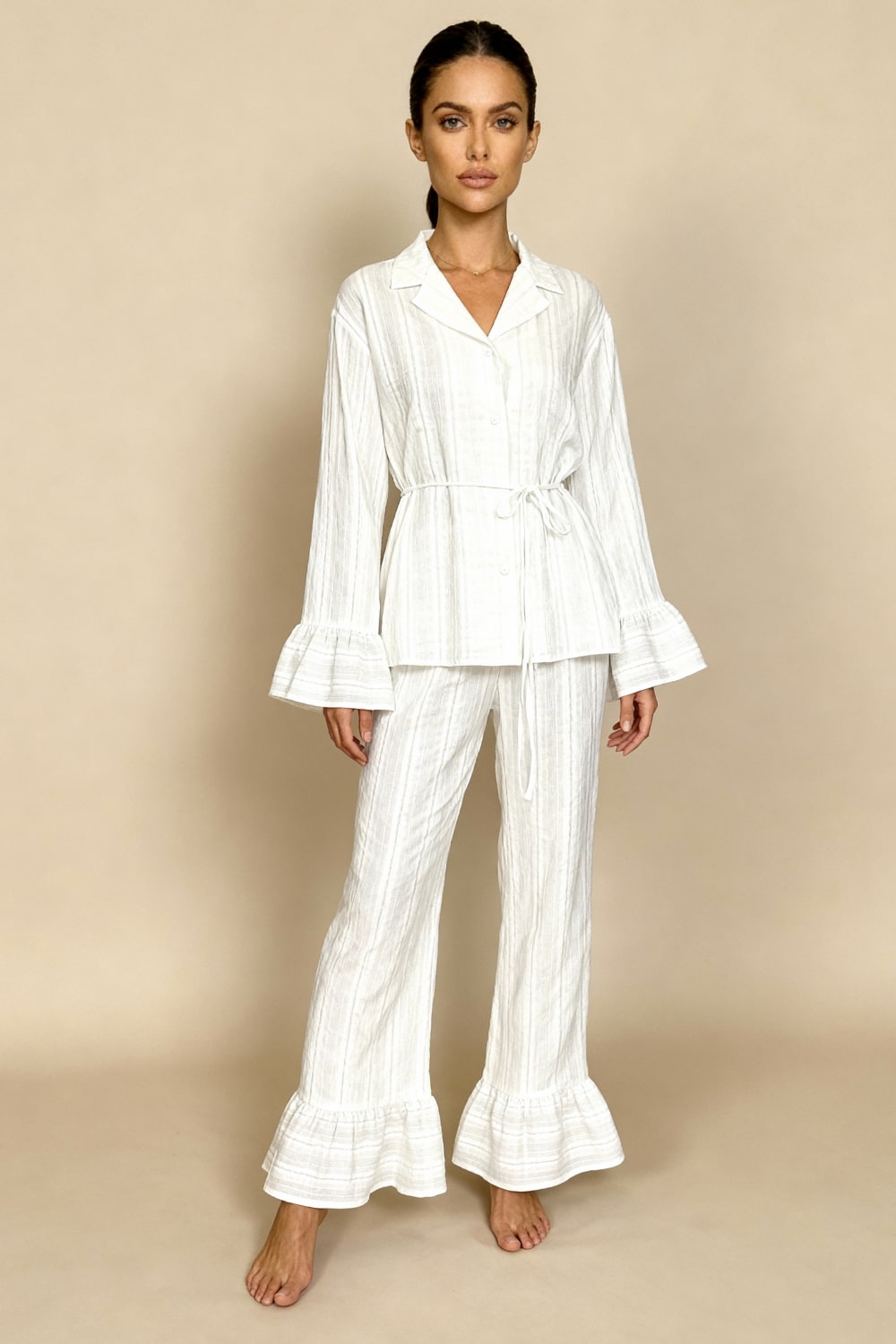 ELORA – Cotton Gauze Ruffled Pajama Set - Off White