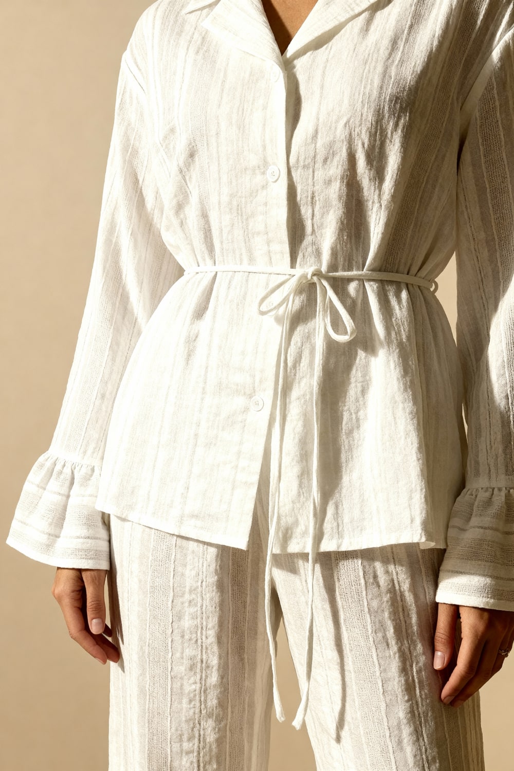 ELORA – Pamuklu Tül Fırfırlı Pijama Takımı - Kırık Beyaz