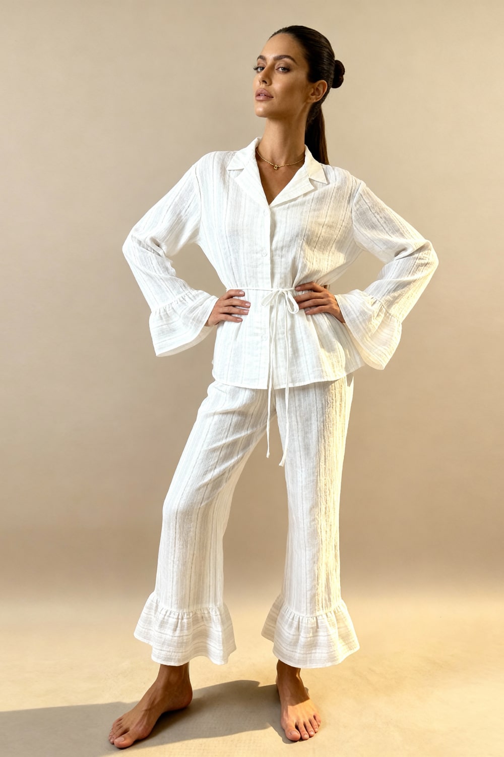 ELORA – Pamuklu Tül Fırfırlı Pijama Takımı - Kırık Beyaz