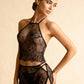 TESSA – Floral Lace Halter Top & Split Short Set - Noir