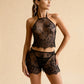 TESSA – Floral Lace Halter Top & Split Short Set - Noir