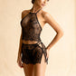 TESSA – Floral Lace Halter Top & Split Short Set - Noir