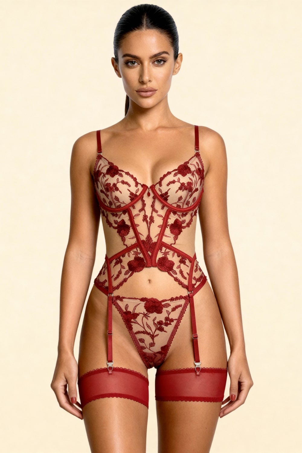 CARLA – Çiçek Desenli Dantel ve Ten Rengi File Büstiyer - Bordo