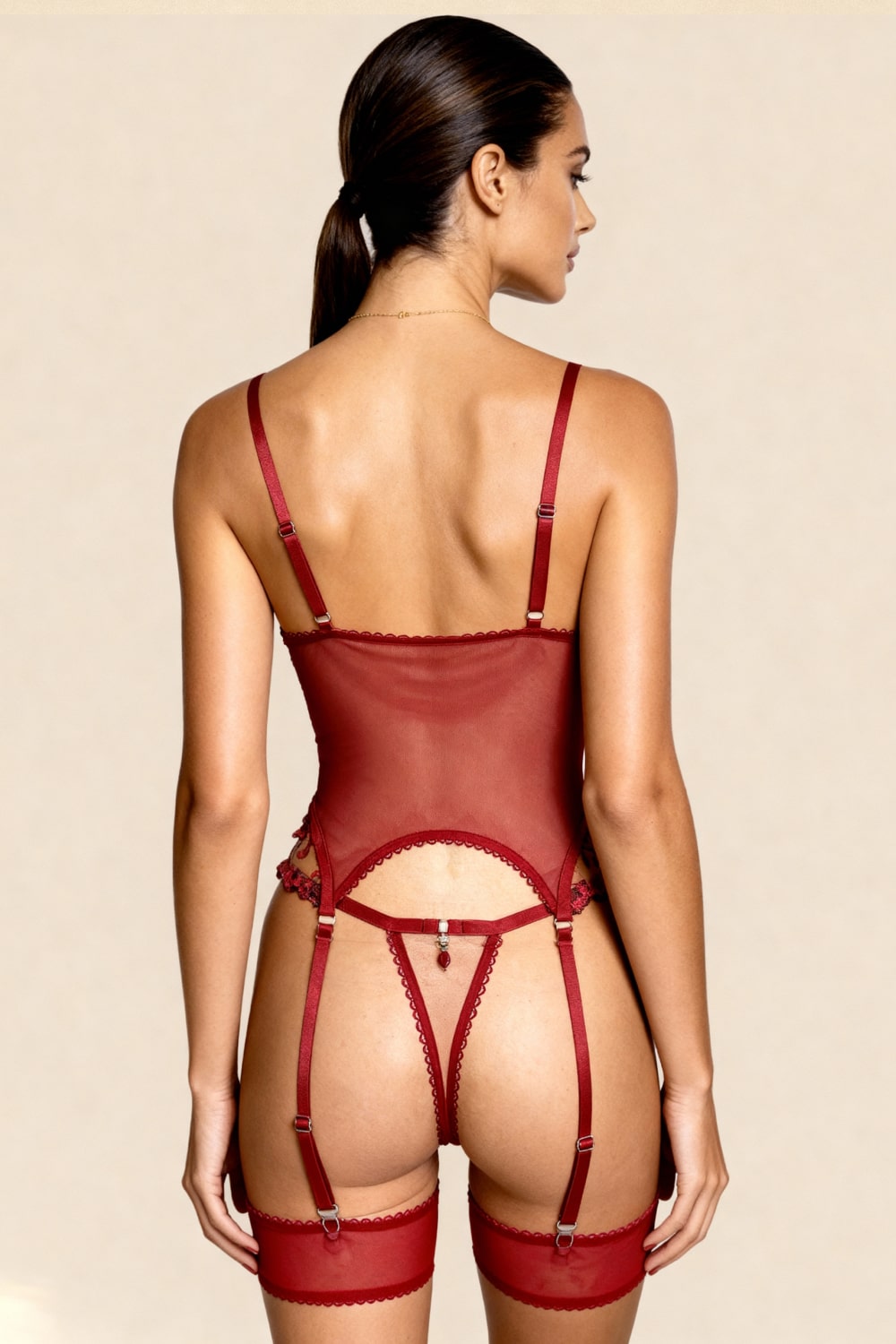 CARLA – Çiçek Desenli Dantel ve Ten Rengi File Büstiyer - Bordo