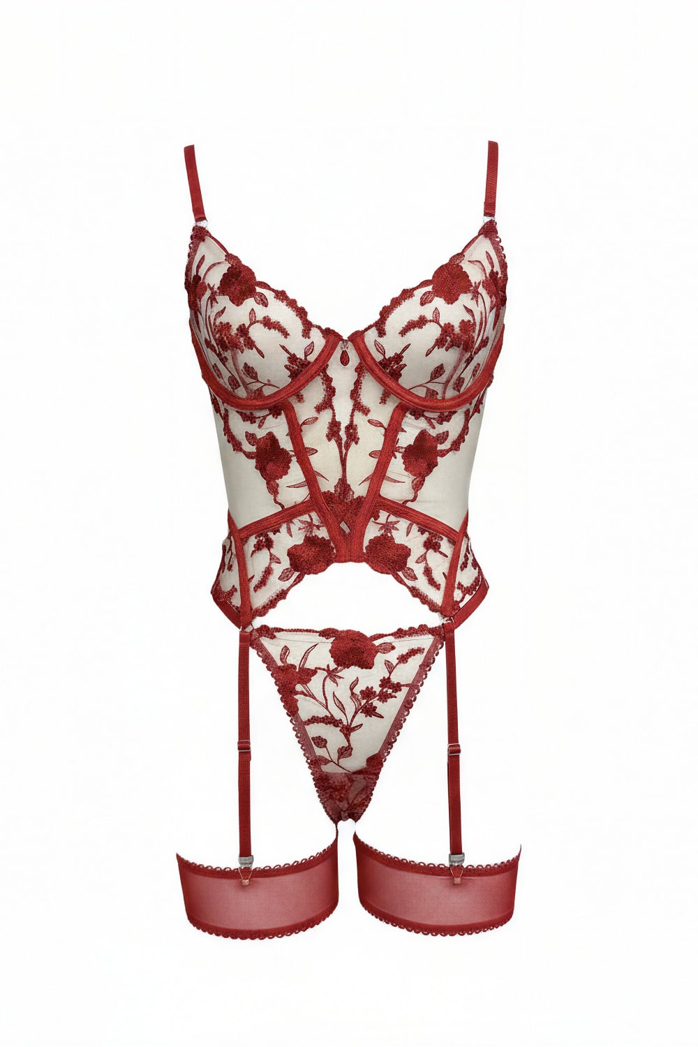 CARLA – Çiçek Desenli Dantel ve Ten Rengi File Büstiyer - Bordo