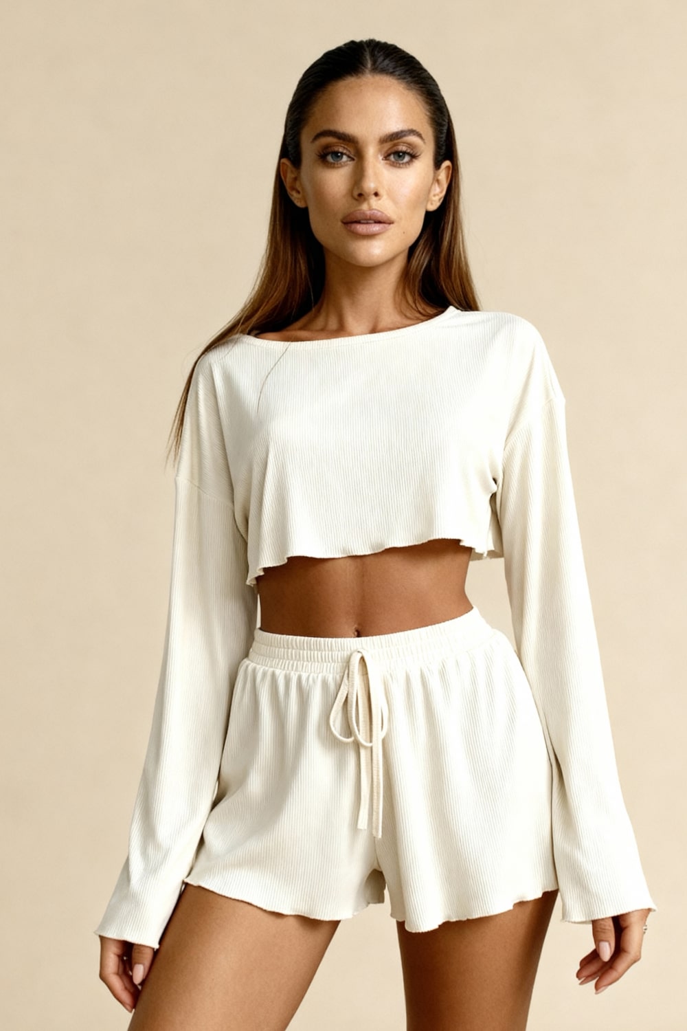 HOLLY – Ribbed Knit Crop & Short Lounge Set - Ecru
