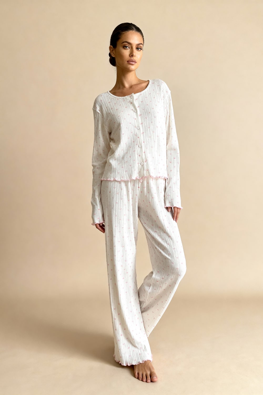 MAISIE – Heart Print Ribbed Knit Pajama Set - Pink Heart