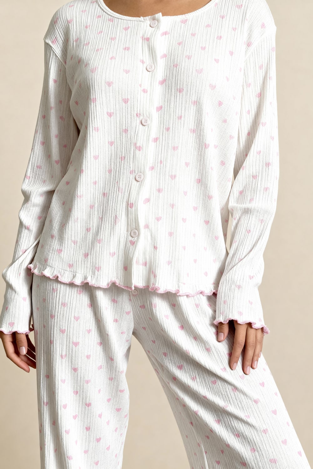MAISIE – Kalp Desenli Fitilli Örgü Pijama Takımı - Pembe Kalp