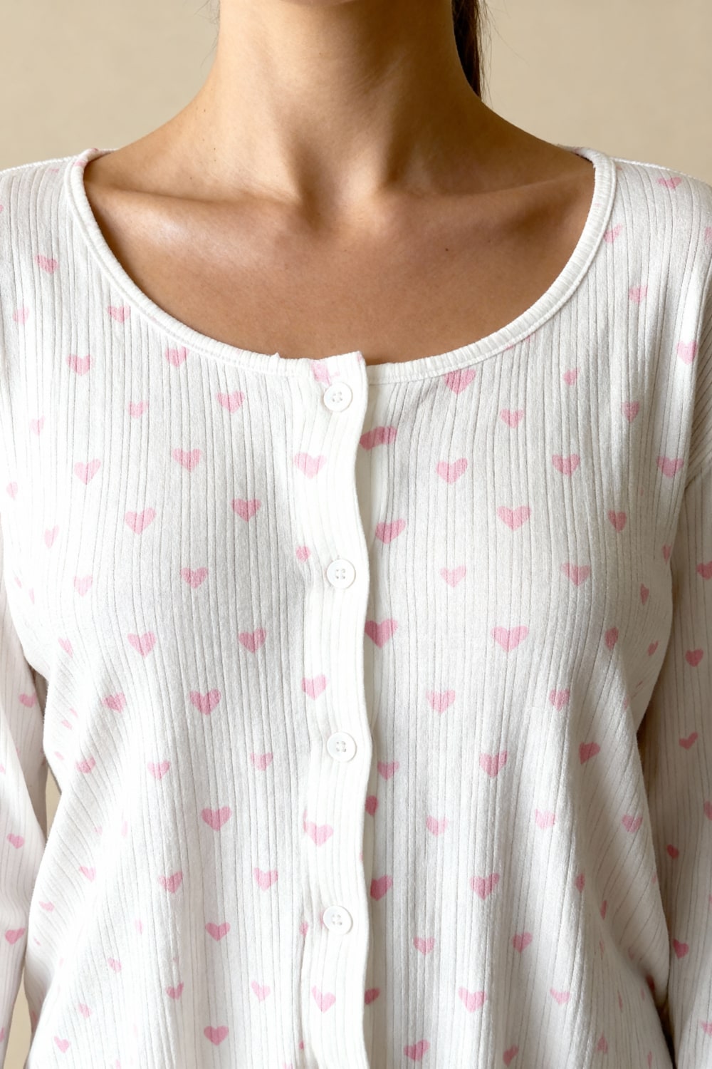 MAISIE – Heart Print Ribbed Knit Pajama Set - Pink Heart