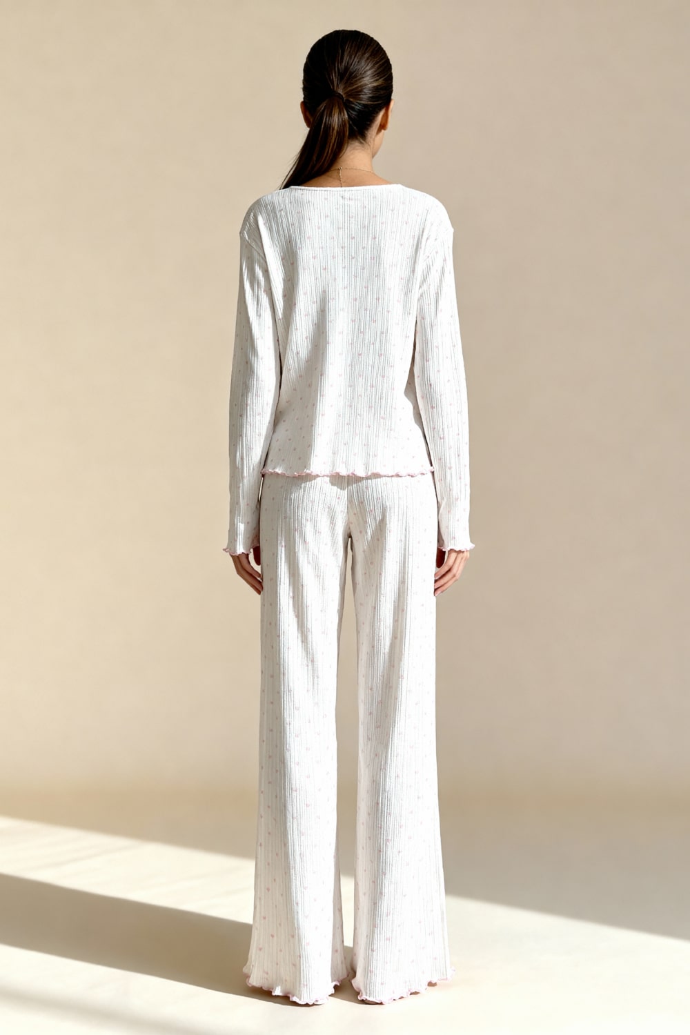 MAISIE – Heart Print Ribbed Knit Pajama Set - Pink Heart