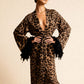 GRETA – Leopard Satin & Feather Trim Maxi Kimono - Animal