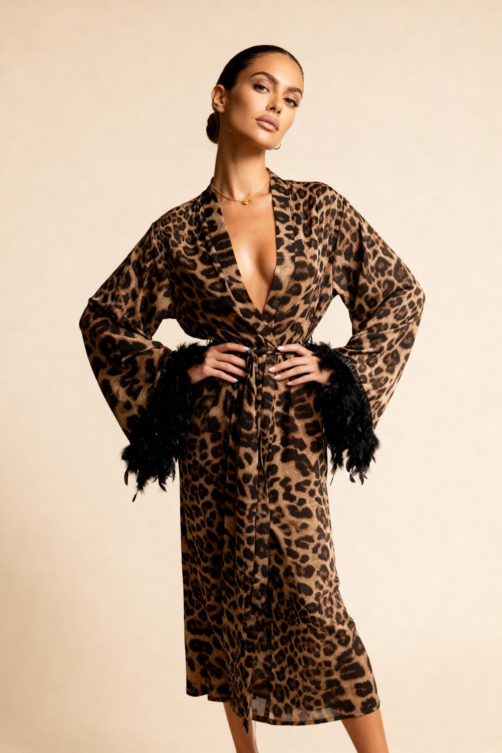 GRETA – Leopard Satin & Feather Trim Maxi Kimono - Animal
