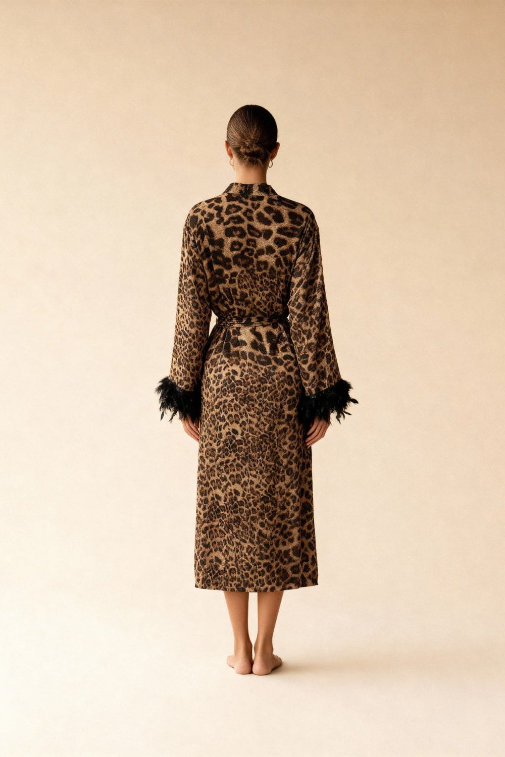 GRETA – Leopard Satin & Feather Trim Maxi Kimono - Animal