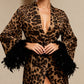 GRETA – Leopard Satin & Feather Trim Maxi Kimono - Animal