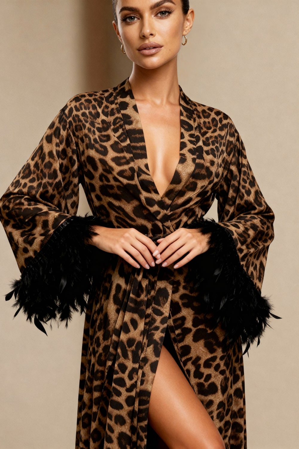 GRETA – Leopard Satin & Feather Trim Maxi Kimono - Animal