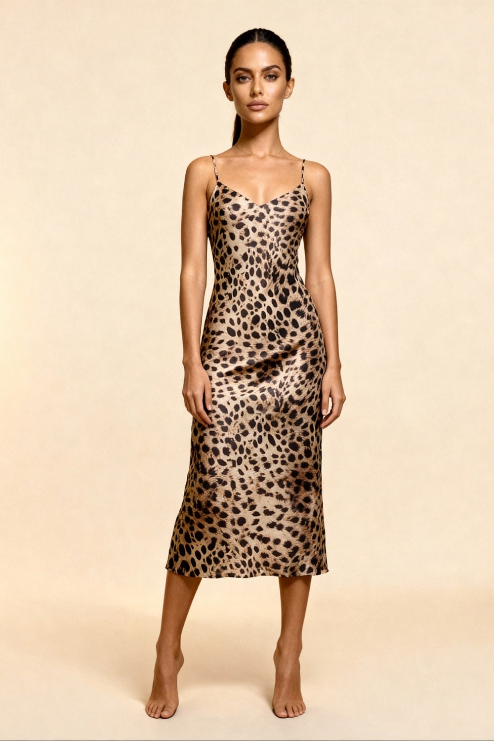 SAVANNAH – Leopar Desenli Saten Midi Askılı Elbise - Hayvan