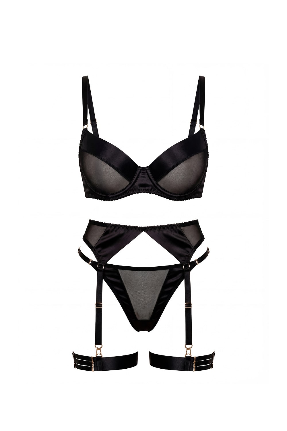 TEMPEST – Satin & Sheer Mesh Cutout Garter Set - Noir