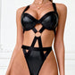 VICTORIA – Faux Leather Cutout High-Leg Bodysuit - Noir