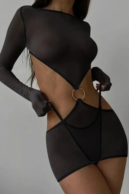 MONIQUE – Sheer Voile Cutout Linen Set - Noir