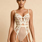 LOTTIE – Dotted Mesh & Lace Garter Bodysuit - Cream