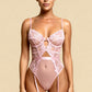VERONICA – Dotted Mesh & Floral Lace Garter Bodysuit - Rose