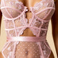 VERONICA – Dotted Mesh & Floral Lace Garter Bodysuit - Rose