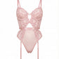 VERONICA – Dotted Mesh & Floral Lace Garter Bodysuit - Rose