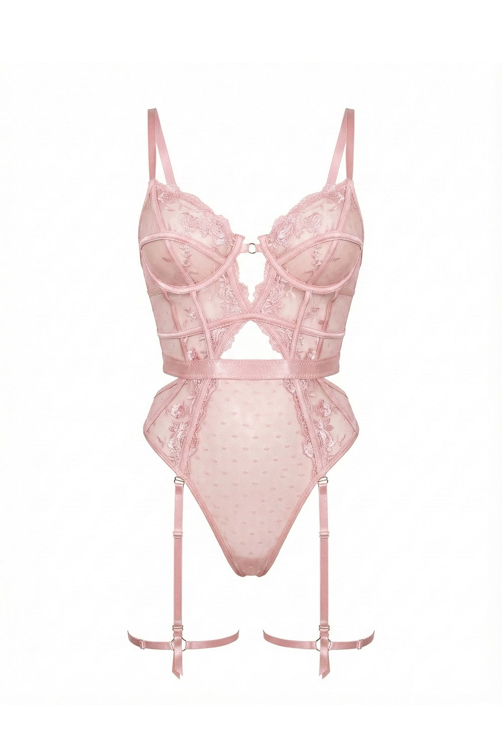 VERONICA – Dotted Mesh & Floral Lace Garter Bodysuit - Rose