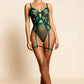 VERONICA – Dotted Mesh & Floral Lace Garter Bodysuit - Emerald