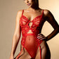 AMARA – Dotted Mesh & Floral Lace Bodysuit - Crimson