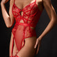 AMARA – Dotted Mesh & Floral Lace Bodysuit - Crimson