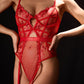 AMARA – Dotted Mesh & Floral Lace Bodysuit - Crimson