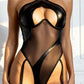 VANDA – Faux Leather & Sheer Mesh Cross-Neck Bodysuit - Noir