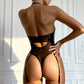 VANDA – Faux Leather & Sheer Mesh Cross-Neck Bodysuit - Noir