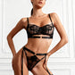 KIRA – Sketch Floral Embroidery & Strappy Garter Set - Noir