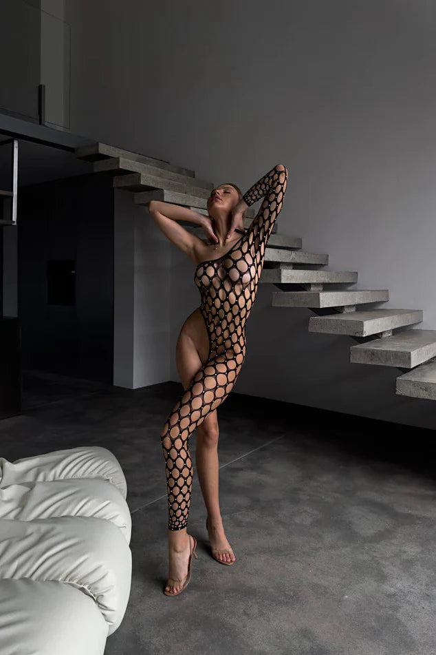 IONA – Asymmetric Oval-Patterned Bodystocking - Noir