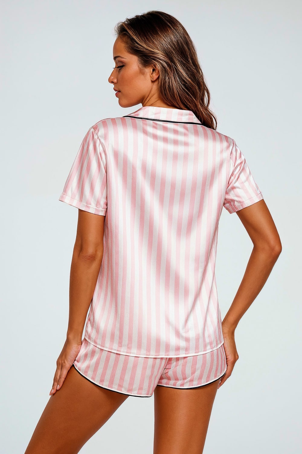 MIA – Çizgili Saten Kısa Pijama Takımı - Pembe