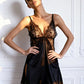 ESME – Satin & Sheer Lace Slit Chemise - Noir