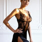 ESME – Satin & Sheer Lace Slit Chemise - Noir