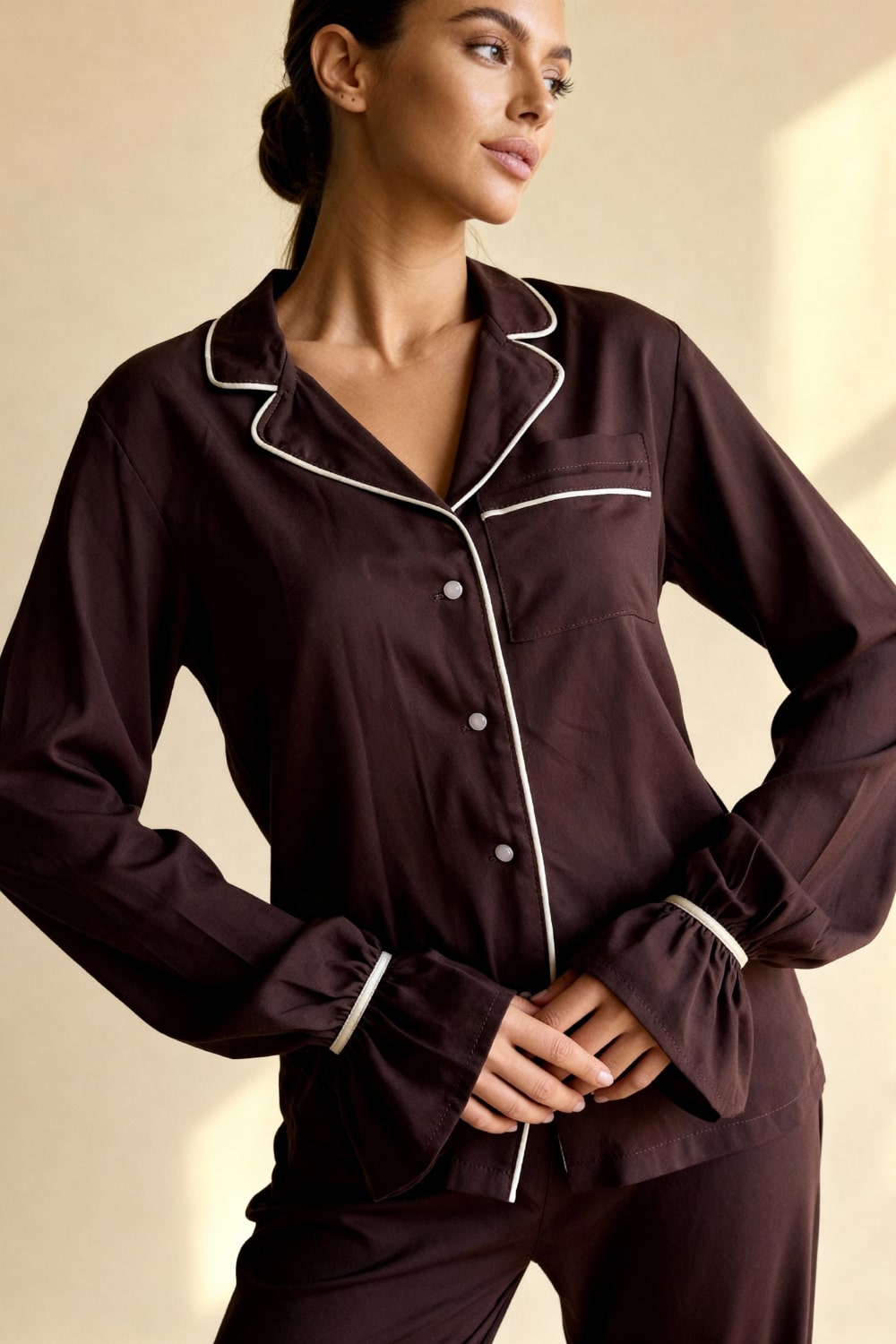 GENEVIEVE – Satin & Contrast Piping Pajama Set