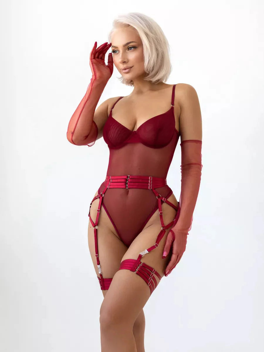 RUBY – Burgundy Mesh Bodysuit with Opera Gloves